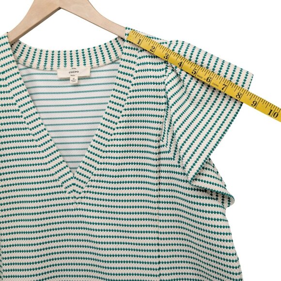Entro Flutter Sleeve Mini Dress Green Cream Dot Striped Pockets Textured Size M - Picture 8 of 9
